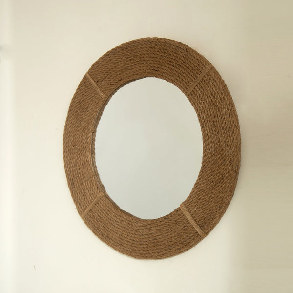English Elm 24'' Breeza Mirror Hand‑Woven Hemp Frame Round Bamboo Wall Mirror Earth Yellow Rustic Chic Decor W2615P346490