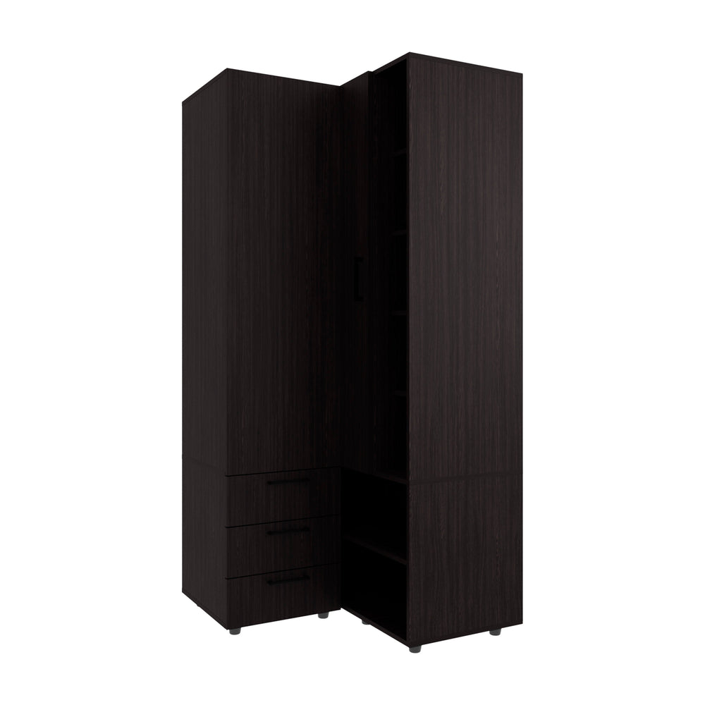 English Elm Wenge Armoire Wardrobe with Open Storage, 7 Shelves & 3 Drawers for Organized, Spacious Living B062S01284