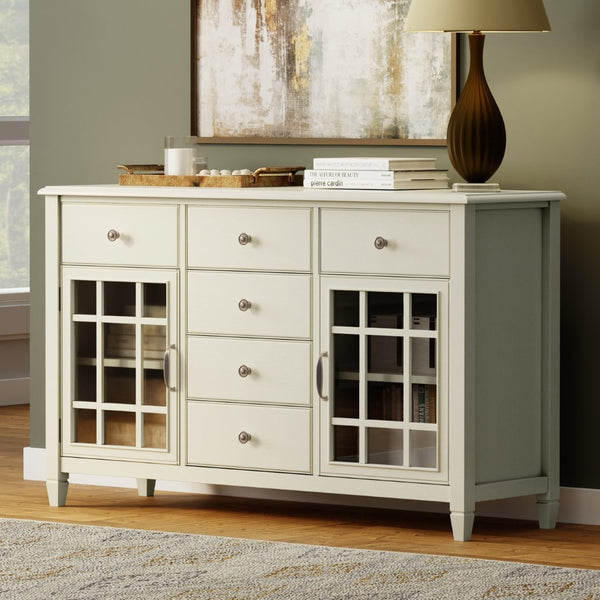 English Elm Connaught Solid Wood Buffet with Glass Cabinet Doors and Antique White Finish B136P439017