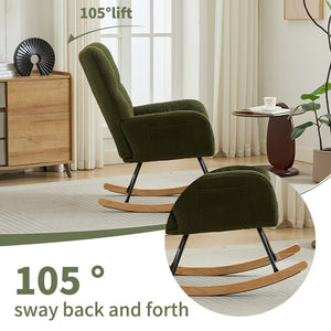 English Elm Modern Teddy Upholstered Rocking Glider Chair with High Backrest and Solid Wood Legs for Nursery Comfort Dark Green W2725P213476