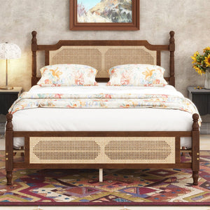 English Elm Queen Pine Bed with Rattan Headboard & Footboard, Walnut Finish, Space-Saving Central Platform Design W504P269833