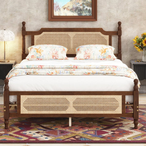 English Elm Queen Pine Bed with Rattan Headboard & Footboard, Walnut Finish, Space-Saving Central Platform Design W504P269833