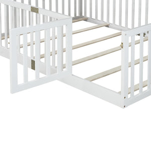 English Elm Twin Floor Bed Solid Rubber Wood with Tall Safety Railings for Toddler Sleep White W504P287658