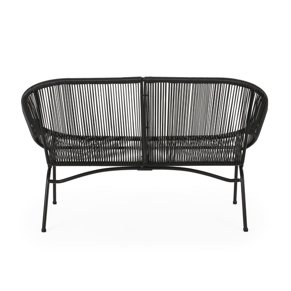 English Elm Christopher Knight Home® - CONDESSA Black Loveseat – Modern Hammock Weave Polyethylene Rattan on Matte Powder-Coated Iron Frame 67120.00BLK