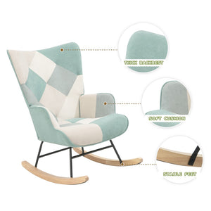 English Elm Rocking Chair With Ottoman - Cozy Mid-Century Patchwork Linen Rocker For Living Room & Bedroom Comfort W561P175990-GIGA