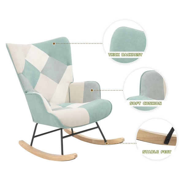 English Elm Rocking Chair With Ottoman - Cozy Mid-Century Patchwork Linen Rocker For Living Room & Bedroom Comfort W561P175990-GIGA