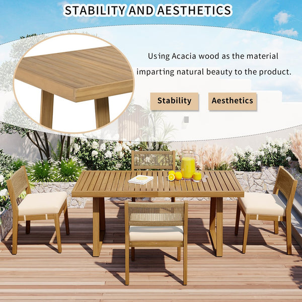 English Elm U_Style Acacia Wood Outdoor Dining Set for Balcony & Garden with Thick Cushions, Durable HDPE Backs, 350lb Capacity Beige WY000393AAA