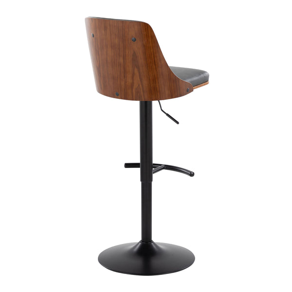 English Elm Gianna Mid-Century Modern Adjustable Barstool Set Of 2 In Black Metal & Walnut, Stylish Grey Leather B202S00886