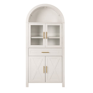 English Elm 71" Tall Arched Pantry Cabinet with Tempered Glass Door, Adjustable Shelves, Anti-Tip Kit & Metal Handles White W2917P384735