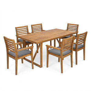 English Elm 7 Piece Solid Acacia Outdoor Dining Set with Teak Finish and Grey Cushioned Chairs N762S000040AAA