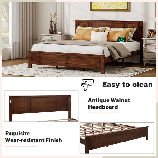 English Elm King Pine Wood Platform Bed with Led Lighting Usb Charging Tall Panel Headboard Walnut W504S00275