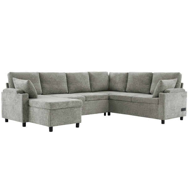 English Elm 109.9" Sectional Sofa Bed U-Shaped Pull-Out Sleeper with Storage Chaise, Cup Holders, USB Ports & Chenille Comfort LIGHT GREY N719S001910R