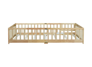 English Elm Queen Rubberwood Floor Bed with Perimeter Fence and Latch Door for Toddler Safety W504P370525