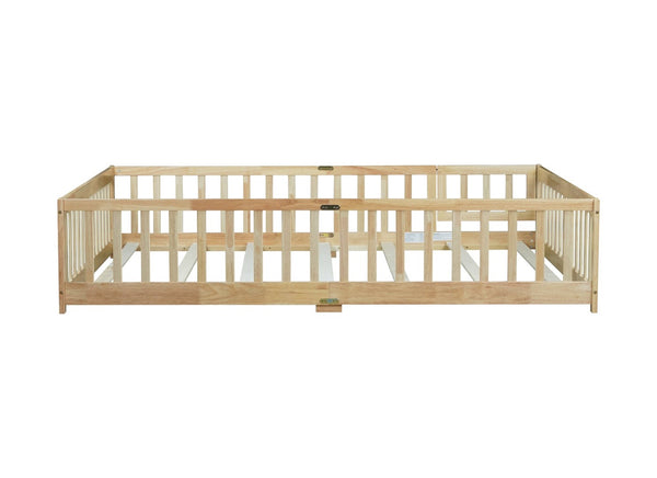 English Elm Queen Rubberwood Floor Bed with Perimeter Fence and Latch Door for Toddler Safety W504P370525