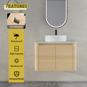 English Elm 30'' Wall-Mounted Bathroom Vanity With Ceramic Art Sink, Soft-Close Doors & Modern Plywood Design W999S00462