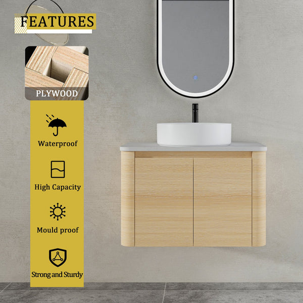 English Elm 30'' Wall-Mounted Bathroom Vanity With Ceramic Art Sink, Soft-Close Doors & Modern Plywood Design W999S00462