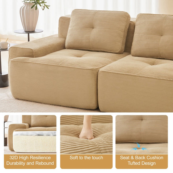 English Elm Modern Corduroy Sectional Sofa Deep Seat V Shape Tufted Couch with Movable Ottoman Camel W714S01588