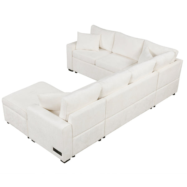 English Elm 112.2" Sectional Sofa Pull-Out Bed with Storage Ottoman, USB Charging, Pocket Spring Comfort, Tweed Chenille Upholstery Cream N719S001540A