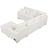 English Elm 112.2" Sectional Sofa Pull-Out Sofa Bed Sleeper With A Storage Ottoman,Three Pillows and Charging Devices For Living Room, Cream