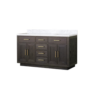 English Elm Brown Oak Double Bath Vanity With Carrara Marble Top - 60" W X 22" D, Fully Assembled Elegance B2731P257730
