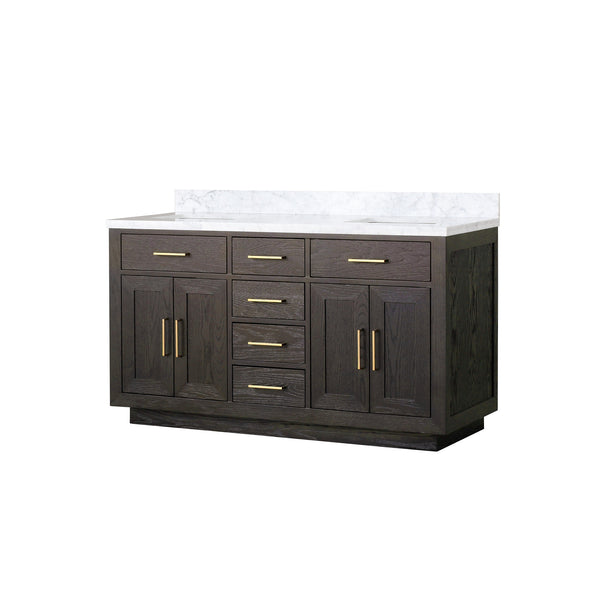 English Elm Brown Oak Double Bath Vanity With Carrara Marble Top - 60" W X 22" D, Fully Assembled Elegance B2731P257730