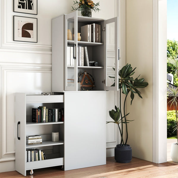 English Elm 70.87" Modern Display Storage Cabinet with 4-Tier Pull-Out Shelves, Dual Glass Doors for Home White W331P295245