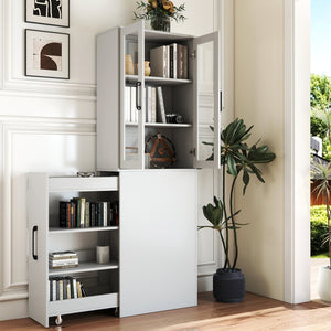 English Elm 70.87" Display Storage Cabinet with 4-Tier Pull-Out Shelves and Glass Doors for Kitchen & Living Room White W331P295245