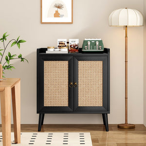 English Elm Sideboard Rattan Door Buffet Cabinet with Baffle Edge, Spacious Storage Credenza for Dining Hallway Black T3623P381057