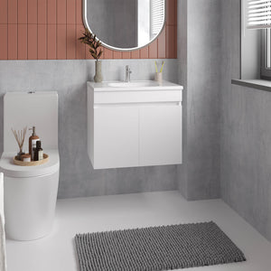 English Elm Chaux Floating Wide Double-Door Vanity 23.2" with Glossy Resin Sink & Two Shelves, Space-Saving White B070P337122