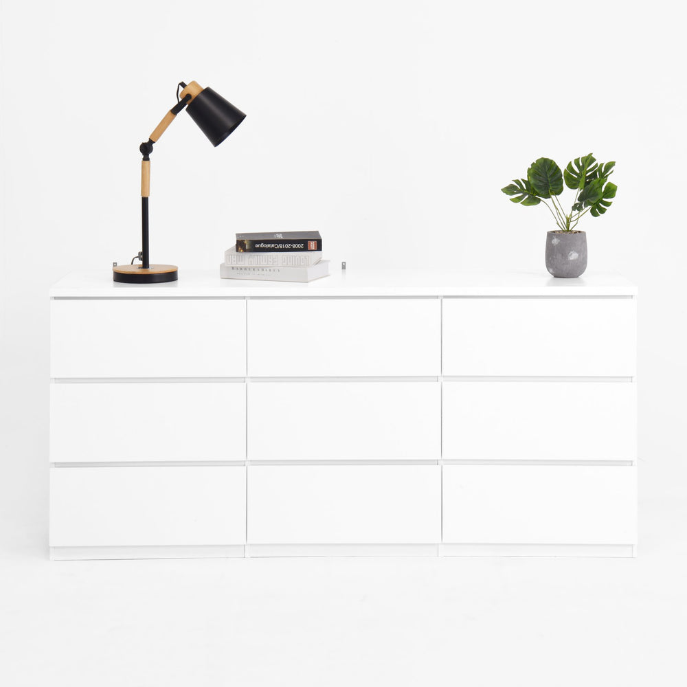 English Elm White 9-Drawer Chest Modern Wide 63" Dresser No-Handle White Storage Cabinet Durable Particleboard Elegance W409P225882