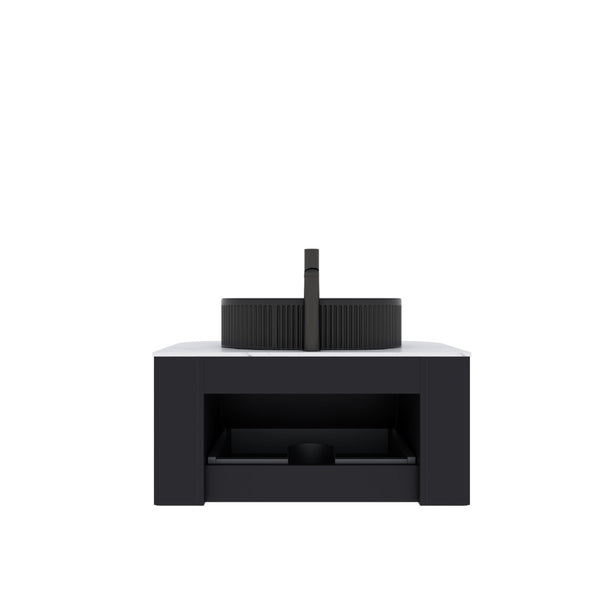 English Elm Muri Floating Bathroom Vanity Plywood Cabinet Sintered Stone Top Oak Drawer Black W2615S00087
