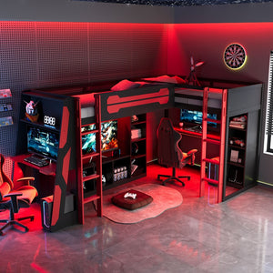 English Elm L-shaped Gaming Loft Bunk Bed Twin Wood Frame Rgb Lighting Usb Ports Storage Shelves Red LT000295AAR