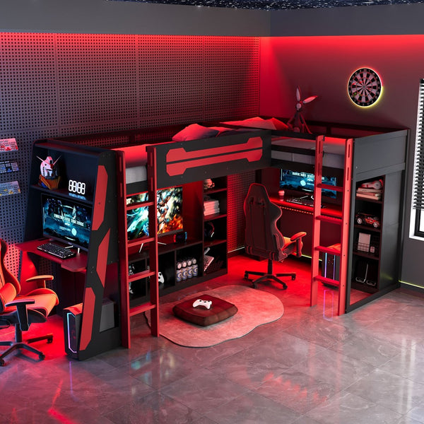 English Elm L-shaped Gaming Loft Bunk Bed Twin Wood Frame Rgb Lighting Usb Ports Storage Shelves Red LT000295AAR