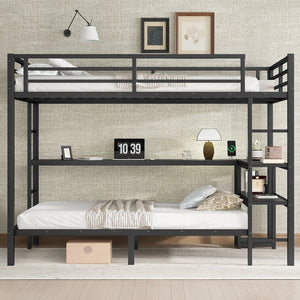 English Elm Full Over Twin Bunk Bed With Integrated Desk, Led Lighting & Usb Ports, Versatile Black Metal Design W1580S00127