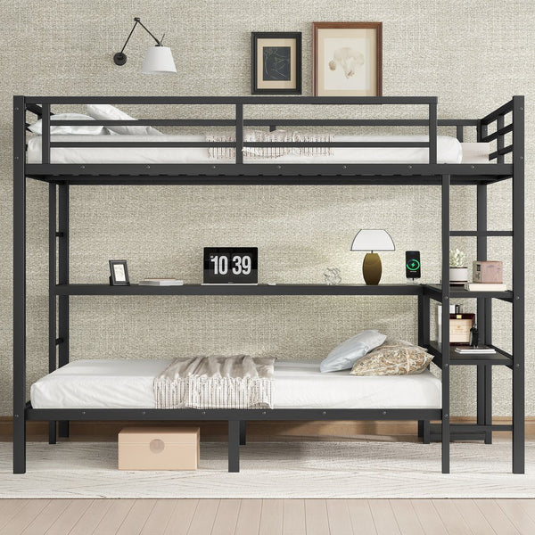 English Elm Full Over Twin Bunk Bed With Integrated Desk, Led Lighting & Usb Ports, Versatile Black Metal Design W1580S00127