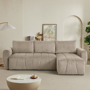 English Elm Convertible Corduroy Sectional Sofa with Storage & Reversible Chaise, 3-Seater Modern Bed Sofa (Light Brown) W2339S00029