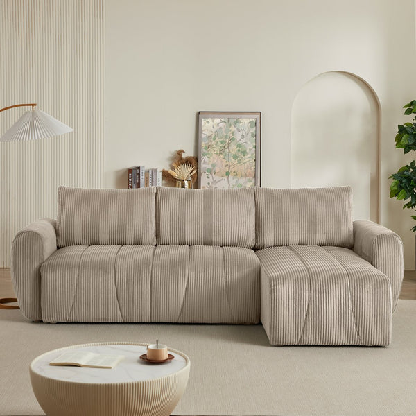 English Elm Convertible Corduroy Sectional Sofa with Storage & Reversible Chaise, 3-Seater Modern Bed Sofa (Light Brown) W2339S00029
