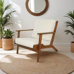 English Elm Ashcroft Furniture - Connor Solid Wood Linen Lounge Chair with Ergonomic Angled Back, High-Density Foam, Mid-Century Appeal Cream B183P281185