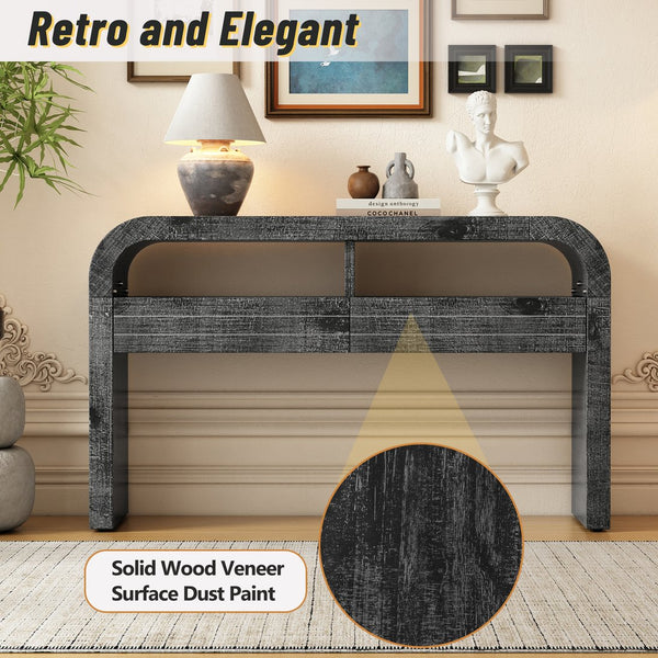 English Elm TREXM Retro Curved Console Table with 2 Large Drawers, Narrow Entryway Sofa Table, Antique Black Elegance N715P223099B