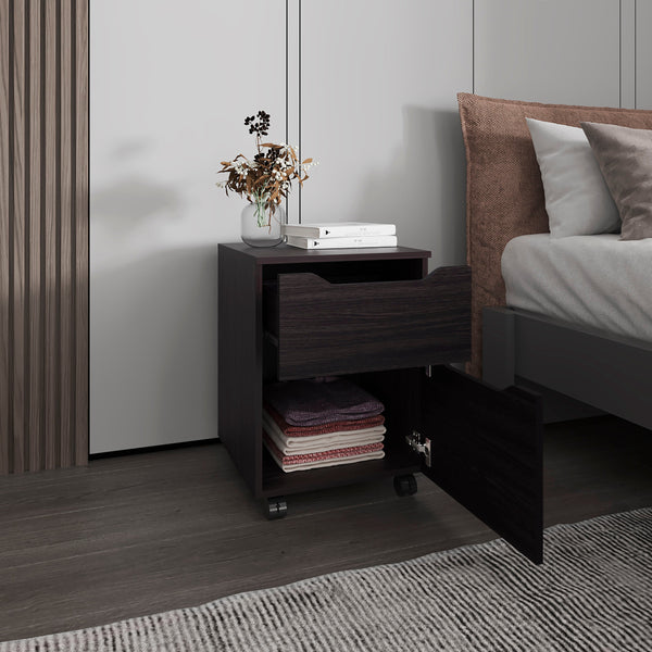 English Elm Wengue Nightstand with Door & Drawer on Casters — Space-Saving 30" H x 46" W Contemporary Storage Solution B062P323158