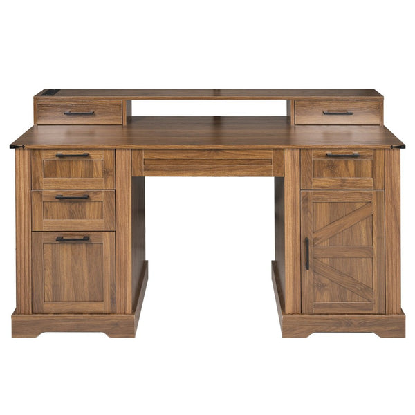 English Elm 59" Fluted Oak L-shaped Corner Desk with Charging Station Monitor Stand and File Storage Dark Walnut W2917S00007