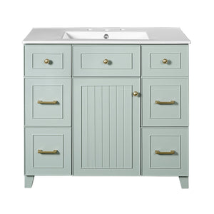 English Elm 36" Green Bathroom Vanity with Ceramic Sink, Gold Handles, Soft-Close Drawers & Adjustable Shelf N729P257304F