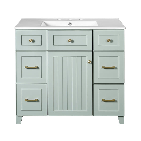 English Elm 36" Green Bathroom Vanity with Ceramic Sink, Gold Handles, Soft-Close Drawers & Adjustable Shelf N729P257304F