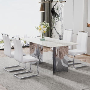 Hearth and Haven Modern Minimalist Dining Table. Imitation Marble Glass Sticker Desktop, Stainless Steel Legs, Stable and Beautiful. 4 White Leatherette Seats. 63 "x 35.4" x 29.5 "Dt-69 C-1162 W1151S00834