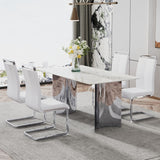 Hearth and Haven Modern Minimalist Dining Table. Imitation Marble Glass Sticker Desktop, Stainless Steel Legs, Stable and Beautiful. 4 White Leatherette Seats. 63 "x 35.4" x 29.5 "Dt-69 C-1162 W1151S00834