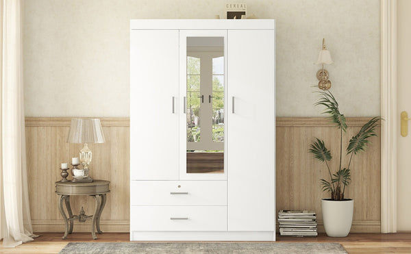 English Elm 3-door Wardrobe with Full Length Mirror Lockable Drawer and Bedroom Shelf Storage White LP006601AAK