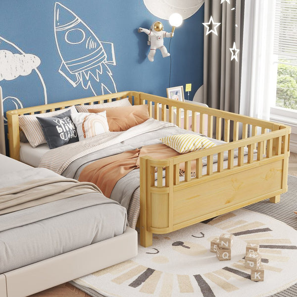 English Elm Full Full Size Wood Platform Bed for Kids with Guardrail, Solid Pine Construction, Low Profile, 350LB Capacity, Natural Finish W2593P367066