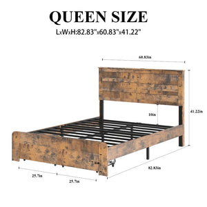 English Elm Queen-size Storage Bed Weathered Wood Platform Frame with Usb Charging Headboard W636P430769