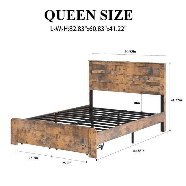 English Elm Queen-size Storage Bed Weathered Wood Platform Frame with Usb Charging Headboard W636P430769