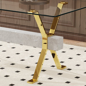 English Elm Table Elegant Transparent Glass Dining Set - 71"X35.4" With 8 White Pu Chairs & Golden Legs W1151S02360-GIGA